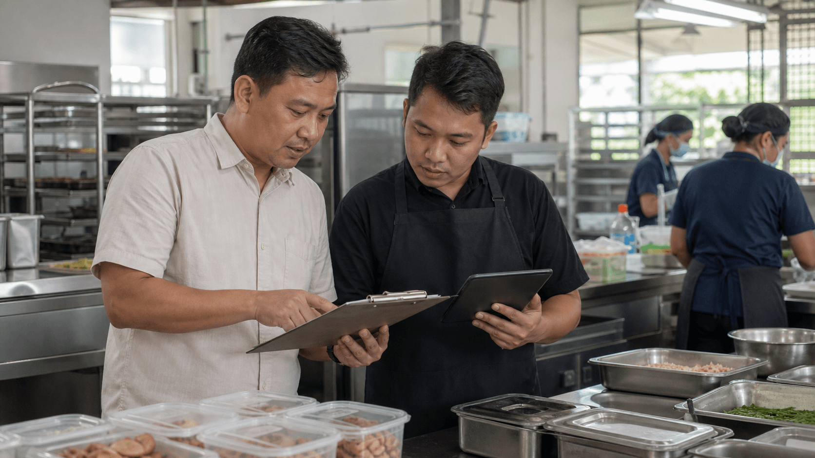 Pemilik bisnis dan manajer dapur meninjau clipboard bersama